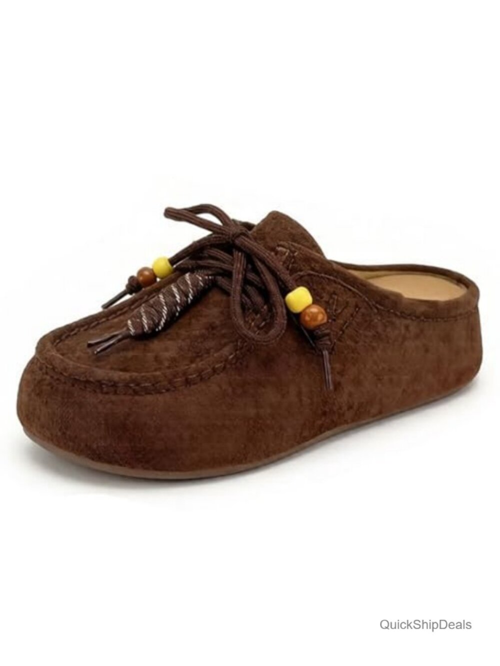 Women's Suede Platform Mules with Beaded Lace Up Slingback Bohemian Slip-On